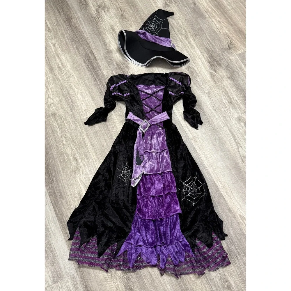 Kids Witch Costume‎ Dress Hat Spider Web Purple Black Halloween Magical  Dress